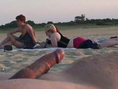 Hand free cum with small penis on beach