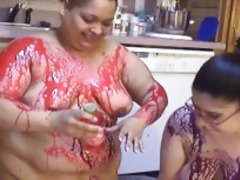 Fat and BBW latinas use creams on their bodies in the kitchen